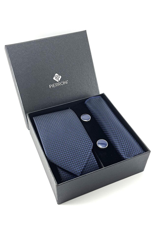 Navy Blue Patterned Tie Handkerchief Cufflinks Special Set