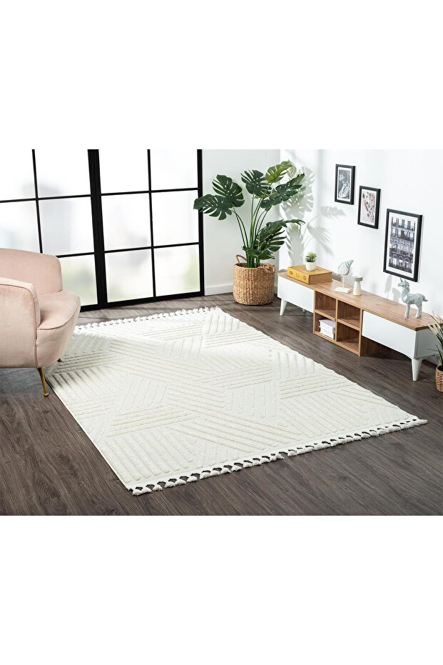 Loop Lp001a Beyaz Halı Dekoratif Sisal Bukle Tozsuz Antialerjik Salon Halısı Yatak Odası Koridor - 5