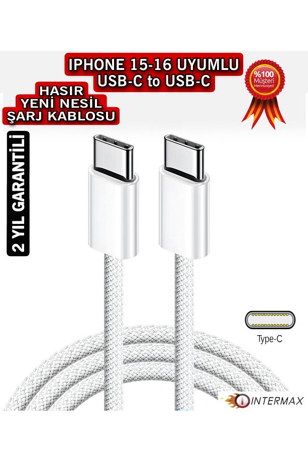 İphone Uyumlu 15 / 16 Pro Max 60 W Usb-c Yo Usb-c Hasır Hızlı Şarj Kablosu 1 Metre - 1