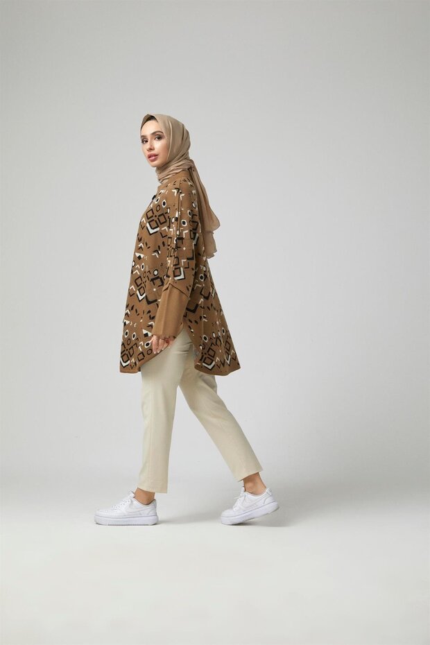Kadın Bej Etnik Örgü Panço - 3
