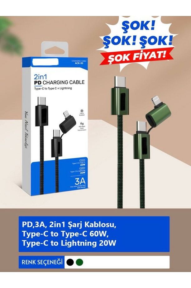 2in1 3a 1.2metre 60w Type-c 20w Lightning - 480 Mbps Örgü Pd Hızlı Şarj/data Kablosu - 6