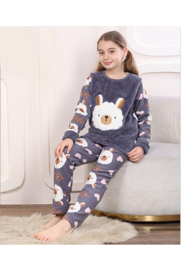 Girls' Long Sleeve Fleece Plush Fabric Winter Warm Pajama Set 8074