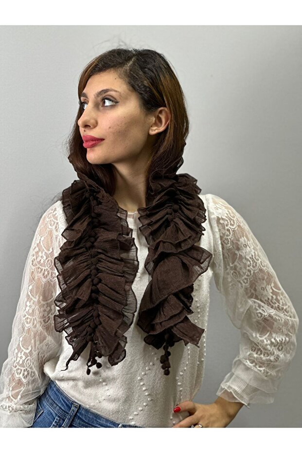 90X15 cm Ruffled Elastic Pompom Women's Scarf Brown