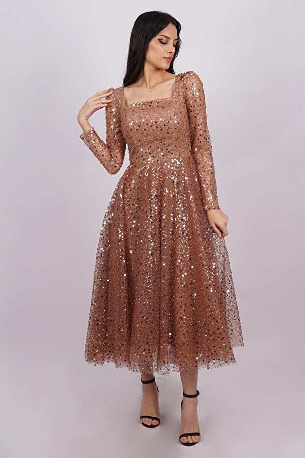 Bakır Yaka Pullu Abiye Elbise - 1