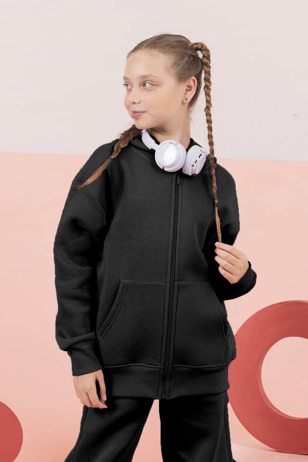 Hooded Zippered Ribbed Thick Girl's Sweatshirt Winter Cardigan