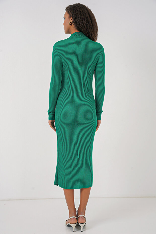 15828 Yırtmaçlı Triko Elbise - Yeşil - 7