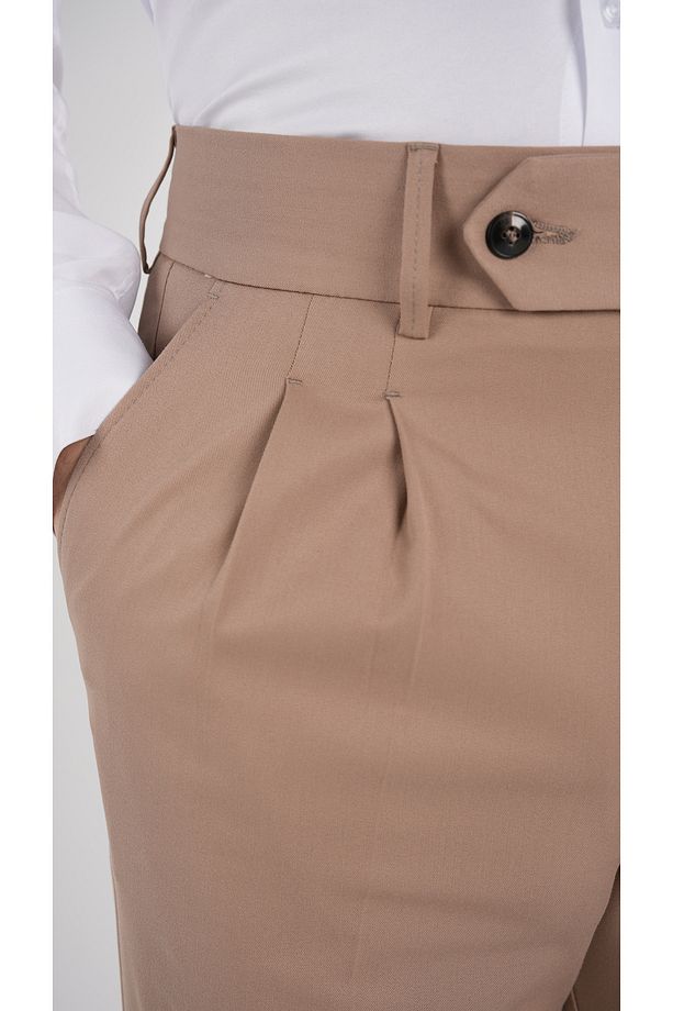 Erkek Regular Fit Yüksek Bel Piliseli Tokalı Kumaş Pantolon-Taba - 4