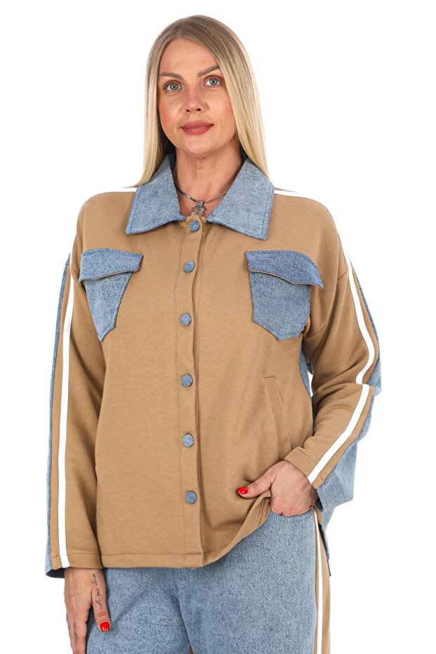 Denim detaylı önü düğmeli eşofman takımı - 2