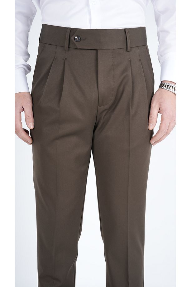 Erkek Regular Fit Yüksek Bel Piliseli Tokalı Kumaş Pantolon-Haki - 2