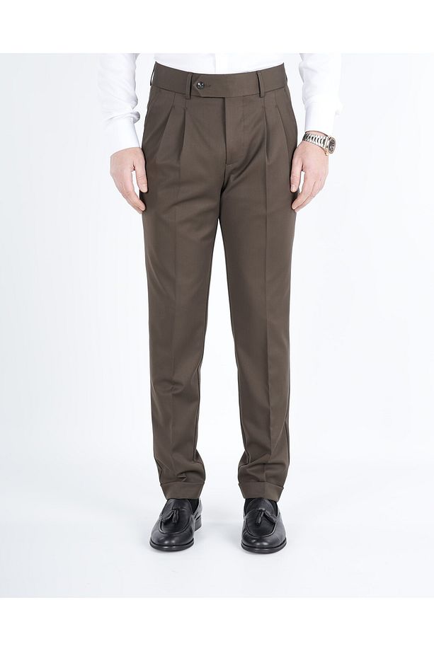 Erkek Regular Fit Yüksek Bel Piliseli Tokalı Kumaş Pantolon-Haki - 1