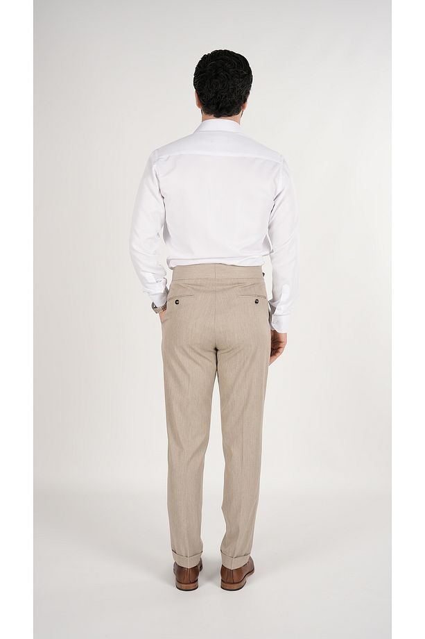 Erkek Regular Fit Yüksek Bel Piliseli Kumaş Pantolon-Krem - 5