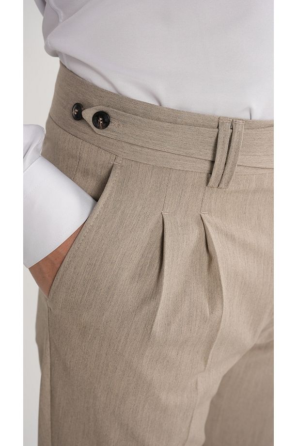 Erkek Regular Fit Yüksek Bel Piliseli Kumaş Pantolon-Krem - 4
