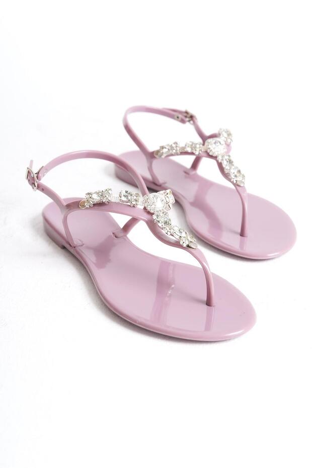 Summer Women's Jelly Matte Dusty Rose Stone Detail Flat Sandals-Mstb6262-Gk