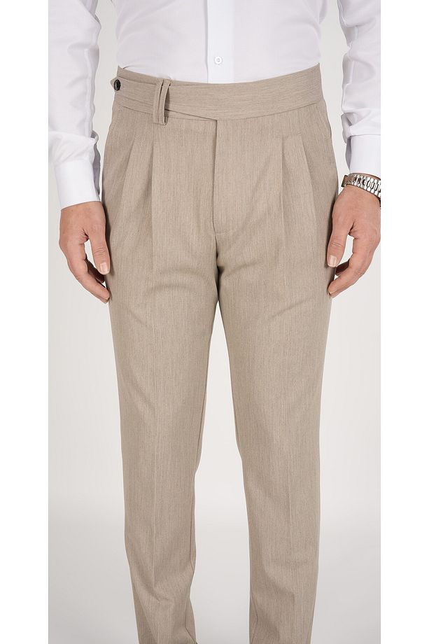 Erkek Regular Fit Yüksek Bel Piliseli Kumaş Pantolon-Krem - 2