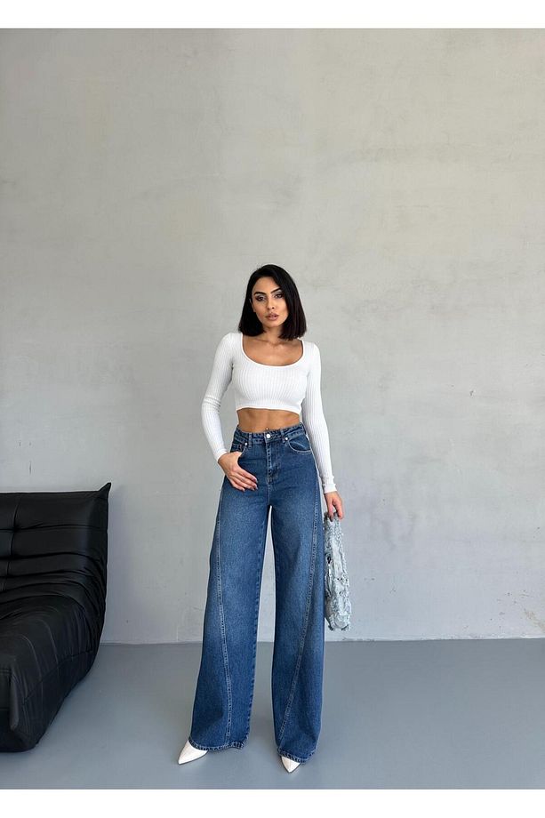 PALAZZO YANDAN DİKİŞLİ MAVİ TAŞLAMALI JEANS - 4