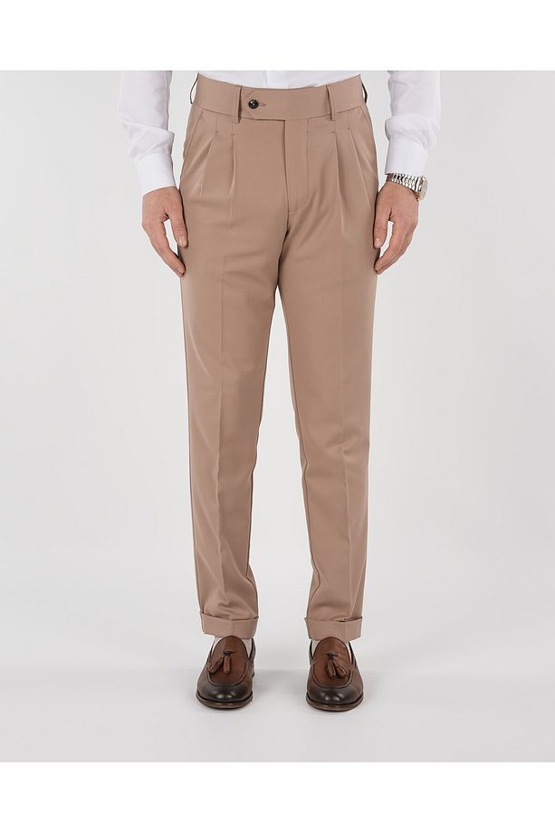 Erkek Regular Fit Yüksek Bel Piliseli Tokalı Kumaş Pantolon-Taba - 1