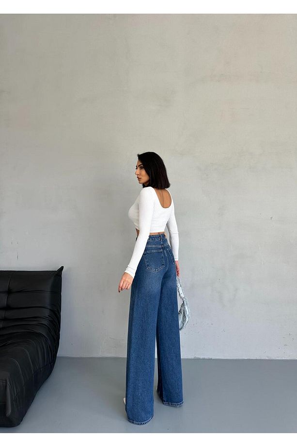 PALAZZO YANDAN DİKİŞLİ MAVİ TAŞLAMALI JEANS - 5