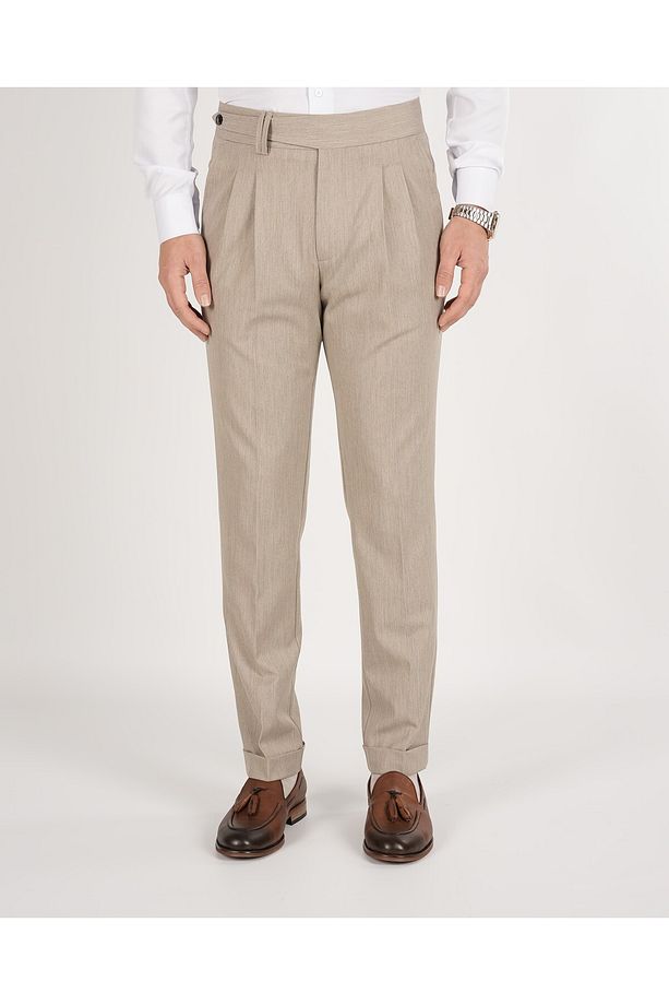 Erkek Regular Fit Yüksek Bel Piliseli Kumaş Pantolon-Krem - 1