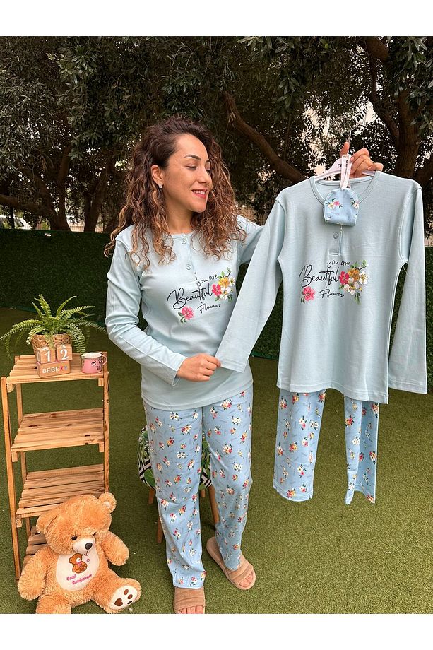 Çiçek Desenli Uyku Bantlı Pijama Takımı Mavi - 4