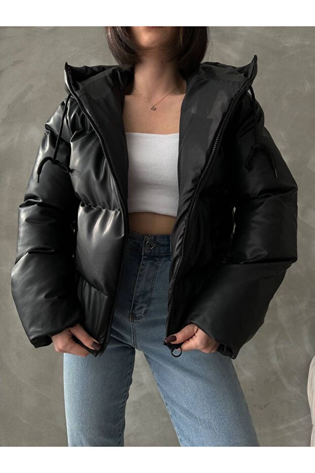 Női fekete kapucnis bőrkabát - 2
