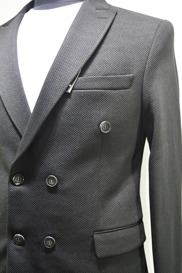 Gılapa Petek Desen Kruvaze  Slimfit Erkek Tek Ceket Siyah - 3