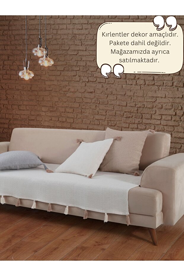 Lux Touch Liva Ponponlu Ekru Koltuk Örtüsü 115 x 200 cm Kanepe Divan Çekyat Berjer Örtüsü Şalı Püsküllü