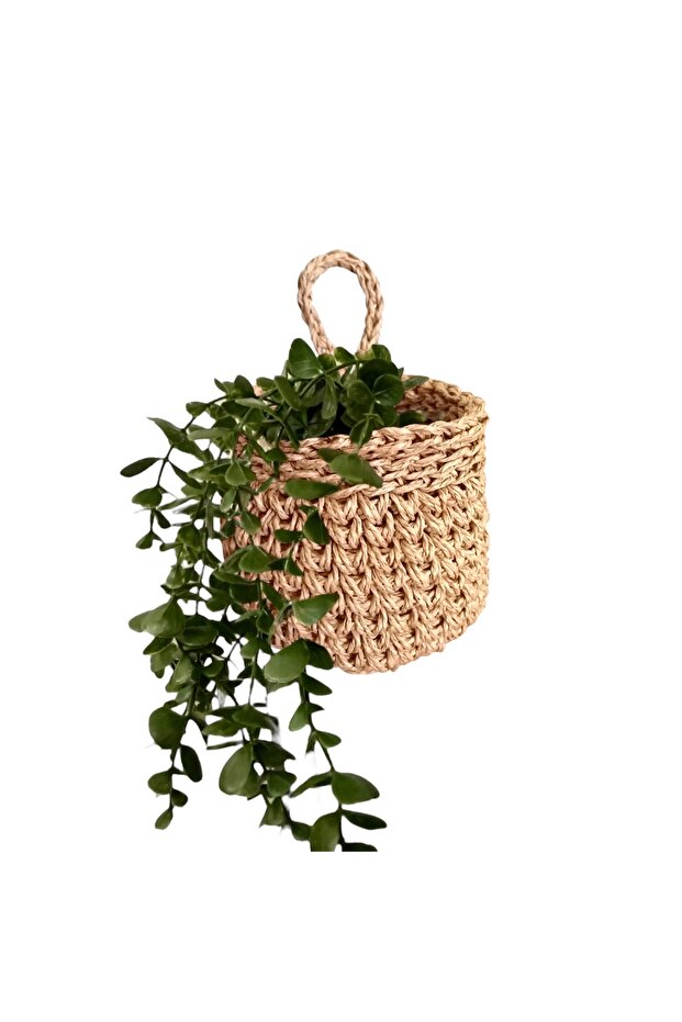 Hasır Sepet, Mini Askılı Kağıt İp Örme Sepet, 1 Adet El Örgüsü Askılı Sarımsak Fındık Sepeti - 1
