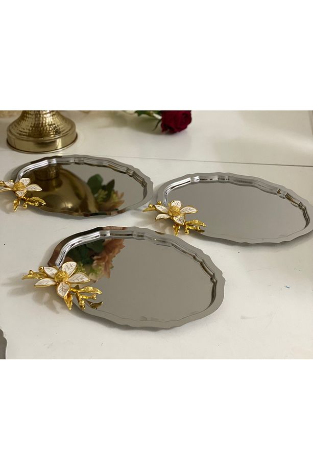 ÇELİK OVAL 6 ADET BÜYÜK ÇİÇEKLİ SERVİS VE SUNUM TEPSİSİ 25 CM - 1