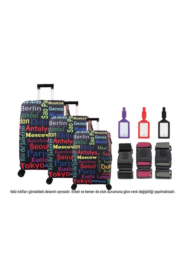 Cities Set of 3 Luggage Sleeves, 3 Luggage Belts, 3 Luggage Labels