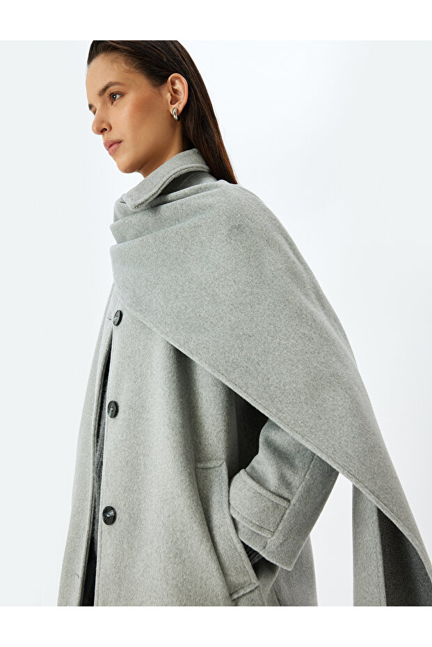 Buttoned Pocket Long Cashmere Scarf Coat