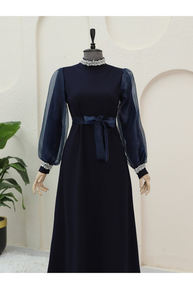 Organza Sleeve Dress with Stone Detail - Waist Lace, Laci