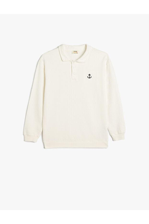Polo Collar Sweatshirt Anchor Embroidered Long Sleeve Cotton