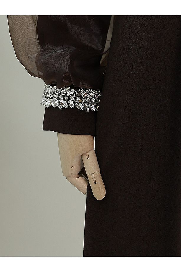 Yakası Ve Kolları Taşlı Beli Bağcıklı Organze Kol Elbise -kahve - 4