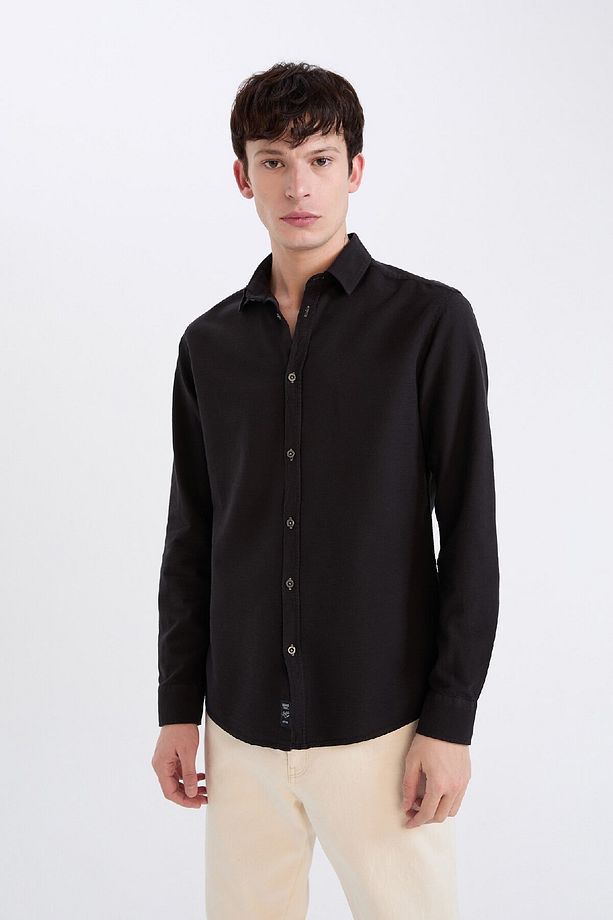 Slim Fit Dar Kesim Pamuklu Basic Düz Uzun Kollu Siyah Gömlek A4644ax24au - 1
