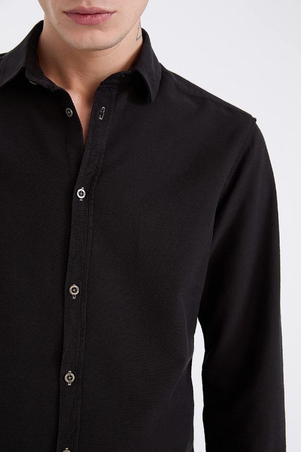 Slim Fit Dar Kesim Pamuklu Basic Düz Uzun Kollu Siyah Gömlek A4644ax24au - 4