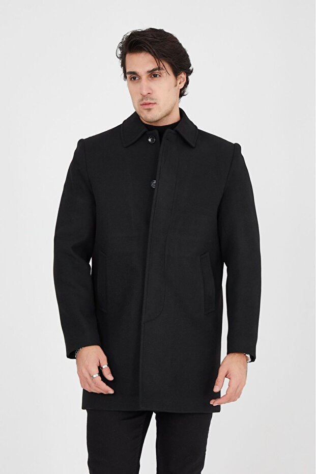 Men's Black Cashmere Wool Shirt Collar Overcoat Regular Fit Large Size