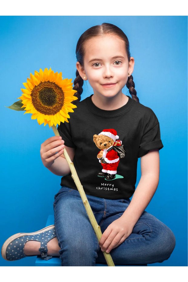 Cute Teddy Bear Printed Merry Chirstmas New Year Santa Claus Regular Fit 100% Cotton Kids Black T-Shirt