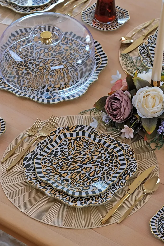 Leopard Altın Yaldızlı 6 Kişilik Cam Servis Tabağı Takımı - 8