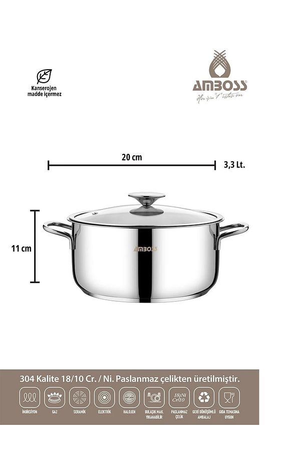 Ambos 20 cm Derin Paslanmaz Çelik Tencere - Cam Kapak 3,35 lt - 1