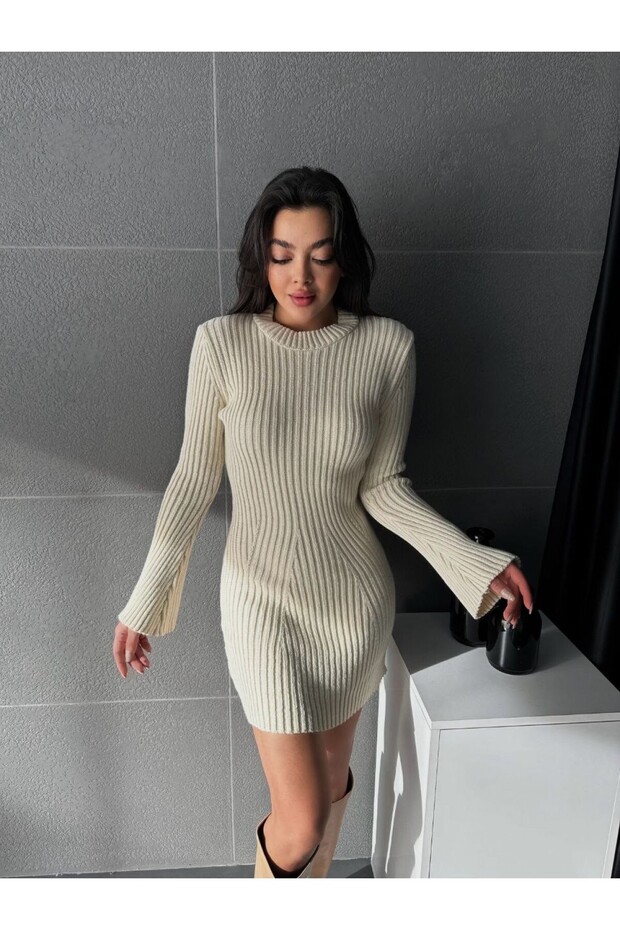 İspanyol Kol Bisiklet Yaka Triko Elbise -Taş - 1