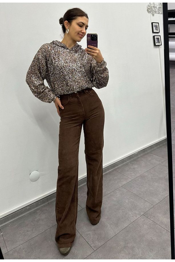 Leopar Desen Pullu Kumaş Kapüşonlu Uzun Kol Sweat Bluz-L - Leopar - 7