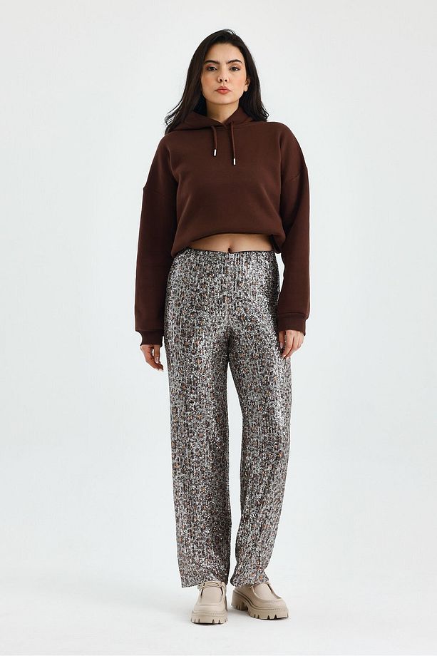 Lastikli Yüksek Bel İçi Astarlı Pullu Kumaş Bol Paça Pantolon-M - Leopar - 5