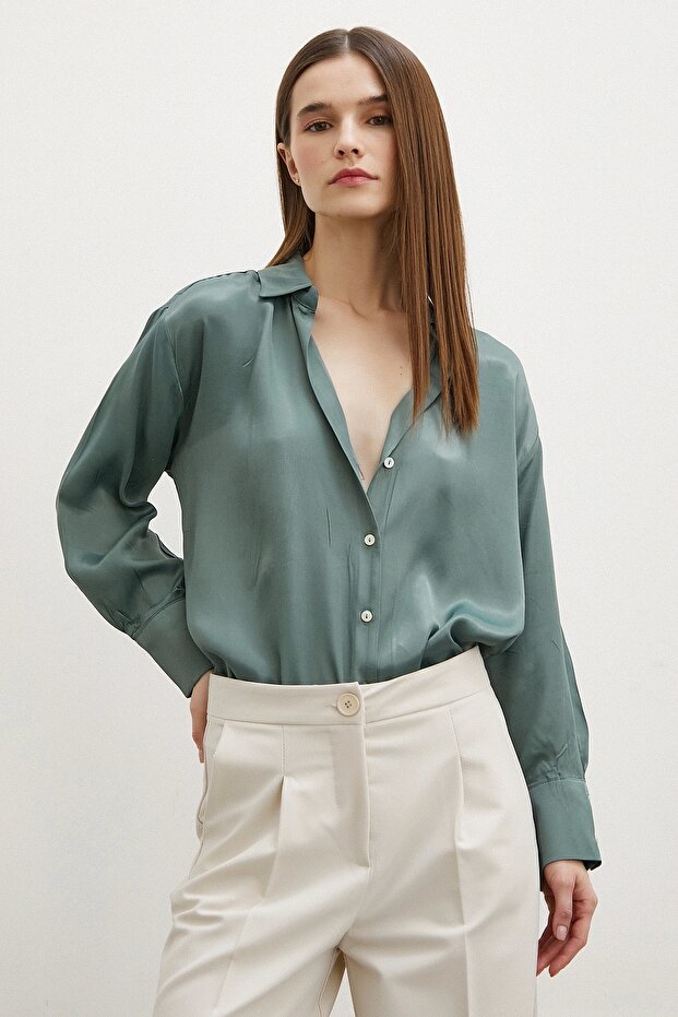 V Yaka Gömlek Yeşil - 6