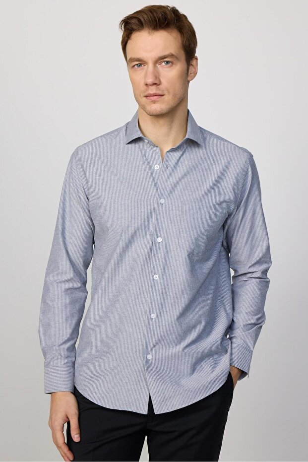 Klasik Fit Uzun Kollu Ince Çizgili Pamuklu Kravatlık Yaka Erkek Gri Gömlek - 1