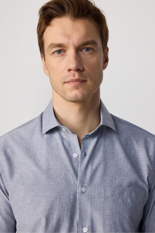 Klasik Fit Uzun Kollu Ince Çizgili Pamuklu Kravatlık Yaka Erkek Gri Gömlek - 3