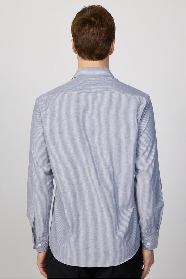 Klasik Fit Uzun Kollu Ince Çizgili Pamuklu Kravatlık Yaka Erkek Gri Gömlek - 6