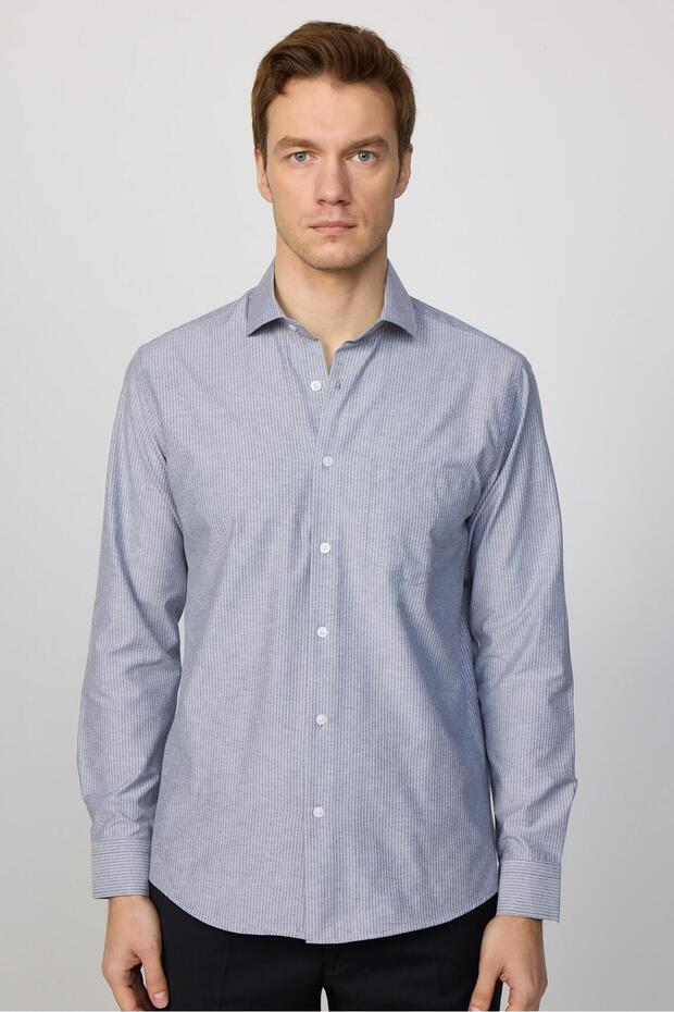 Klasik Fit Uzun Kollu Ince Çizgili Pamuklu Kravatlık Yaka Erkek Gri Gömlek - 4