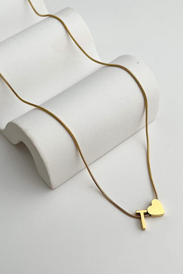Steel Heart Detailed Letter t Necklace (45Cm+5Cm)