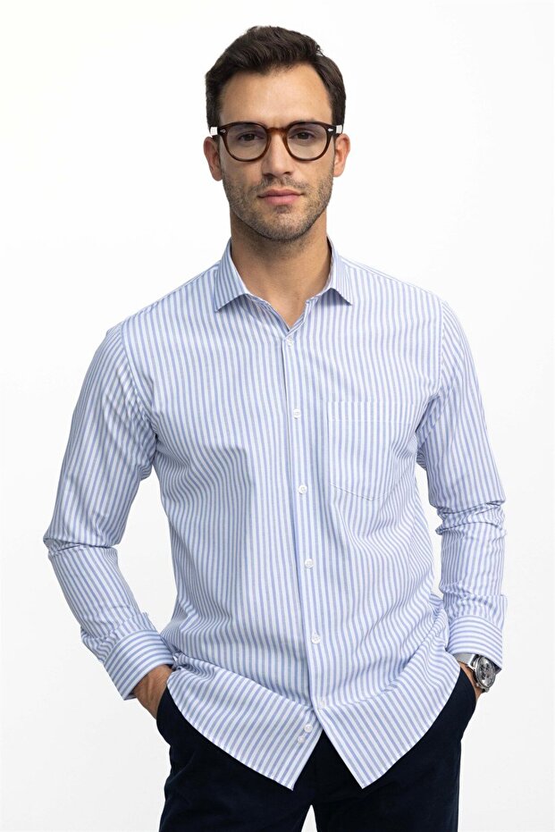 Classic Fit Long Sleeve Thin Striped Cotton Tie Collar Men's White Shirt