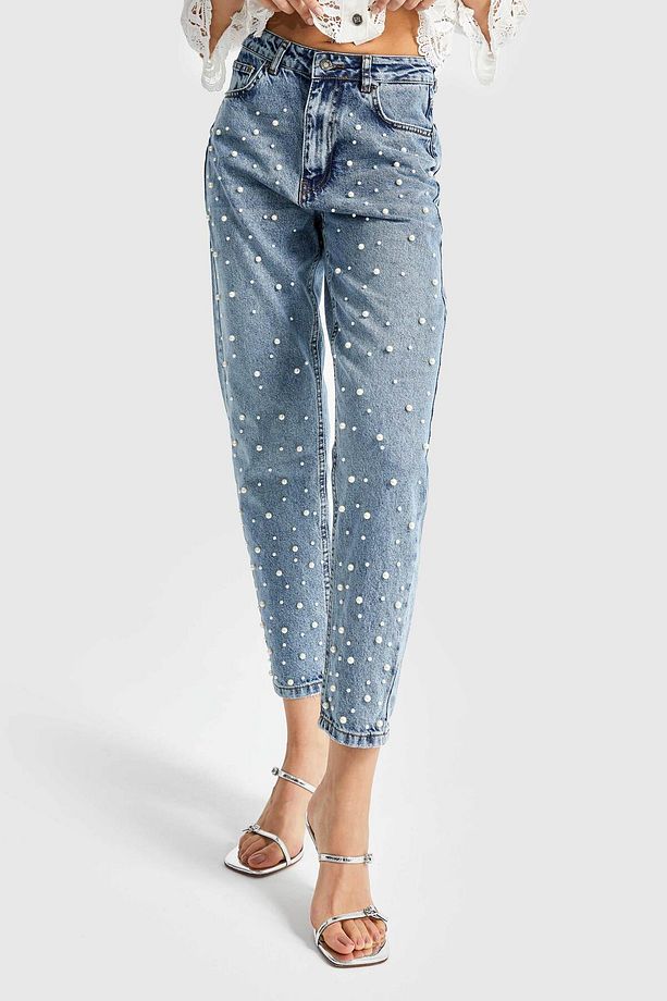 Kadın Kot Rengi Önü Full İnci Detaylı Mom Fit Denim - 4